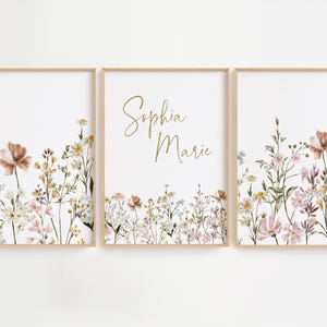 Boho Nursery Wall Art, Wildflower Nursery Decor, Botanical Print, Floral Nursery, Girl Nursery Flower Baby Name Sign, Newborn Gift, Set of 3