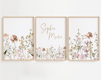 Boho Nursery Wall Art, Wildflower Nursery Decor, Botanical Print, Floral Nursery, Girl Nursery Flower Baby Name Sign, Newborn Gift, Set of 3