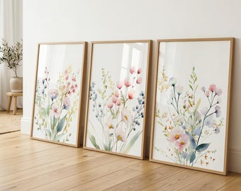 Pastel Floral Wall Art, Flower Prints Set of 3, Pink and Sage Botanical Wall Decor
