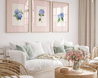 Wall Art Flower Vintage Set of 3 Prints Pink Cottagecore Bedroom Wall Decor Hydrangea Nursery Girl Baby Room Floral Living Room Wildflower