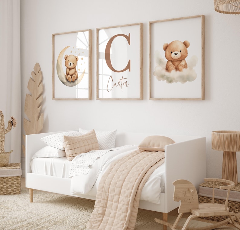 Teddy Bear Nursery Wall Art Neutral Teddy Bear Prints Cute Bear Posters Toddler Room Custom Name and Initial Nursery Print Sleepy Bear Print