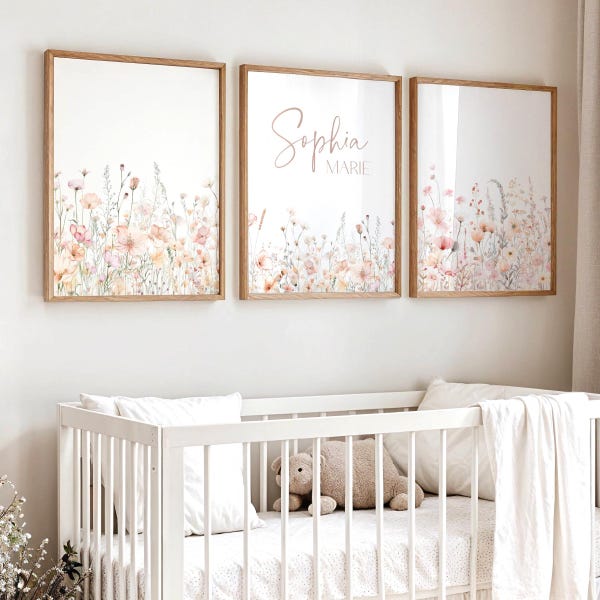 Nursery Wall Art Wildflower Girl Room Decor Botanical Print Floral Nursery Decor Above the Crib Set of 3 Name Sign Neutral Color Baby 1085