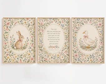 Christian Nursery Wall Art Set, Numbers 6:24-26, Vintage Floral Bunny & Duck