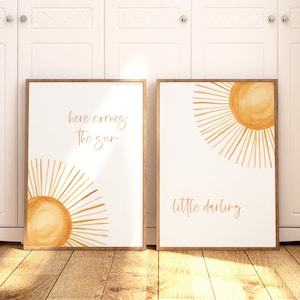 Nursery Wall Decor Set of 2 | Here Comes the Sun Little Darling | Nursery Wall Art with Yellow Sunshine | Boho Baby Room Print Set  UNFRAMED