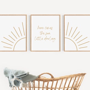 Nursery Wall Art | Here Comes the Sun Nursery Decor | Boho Nursery Decor | Baby Shower Gift | Set of 3 Nursery Prints | Playroom Decor