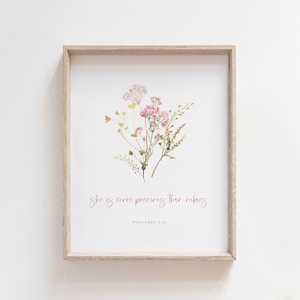 PROVERBS 3:15 WALL ART - Girl Nursery Decor, Christian Nursery, Baby Girl Bible Verse, Modern Scripture, Wildflower, Pink Nursery, Botanical
