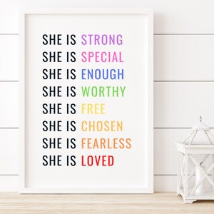 She Is Strong Print, Girl Room Decor, Girl Power Print, Rainbow Girls Room Decor, Girl Room Wall Art, She Is Loved image 4