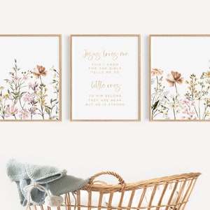 Christian Nursery Wall Art Girl Baby Room Decor Girl Flower Print Nursery Wall Decor Boho Jesus Loves Me Sunday School Decor Printable