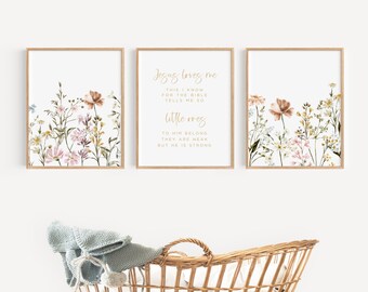 Christian Nursery Wall Art Girl Baby Room Decor Girl Flower Print Nursery Wall Decor Boho Jesus Loves Me Sunday School Decor Printable