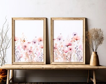 Pink and Purple Flower Wall Art, Wildflower Print Set of 2, Above the Couch