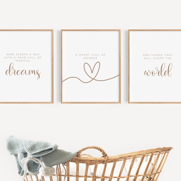 BOY NURSERY Wall Art- Here Sleeps a Boy, Baby Boy Wall Art, Set of 3, Minimalist Wall Art, Boho Nursery, Baby Shower Gift Idea, Printable