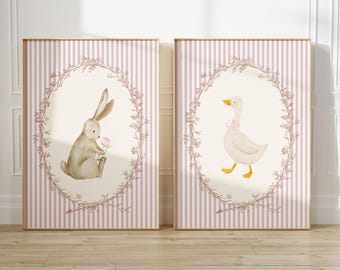 Rabbit and Goose Cottagecore Prints: Nursery Wall Art set of 2 for Girl Room