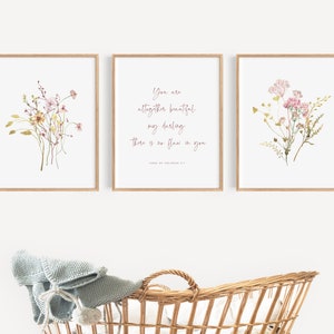Christian nursery wall art set of 3 with assortment of wildflowers and a Song of Soloman bible verse