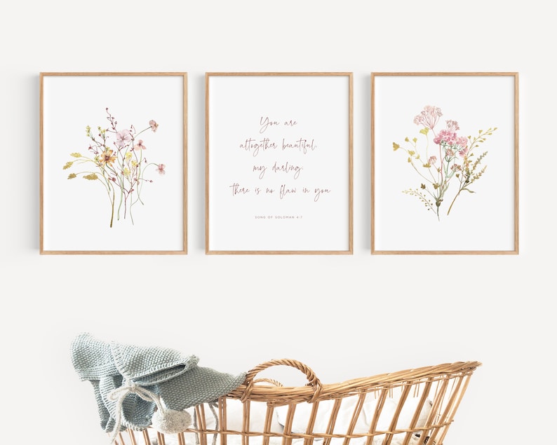 Christian nursery wall art set of 3 with assortment of wildflowers and a Song of Soloman bible verse