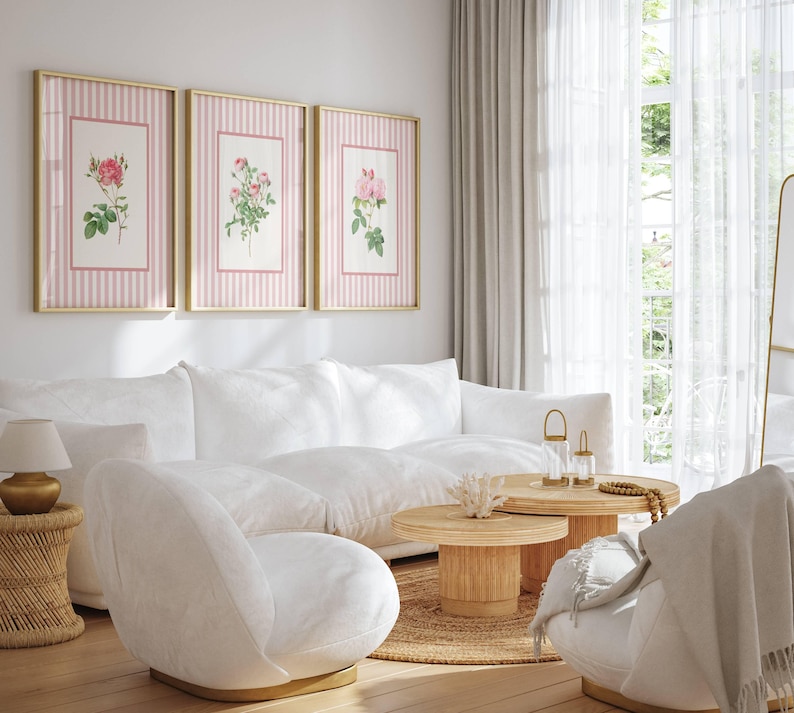 Wall Art Flower Vintage Set of 3 Prints Pink Cottagecore Bedroom Wall ...
