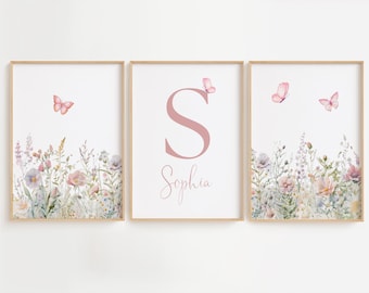 Butterfly Nursery Wall Art, Flower Prints for Baby Girl Room, Above the Crib Wall Decor