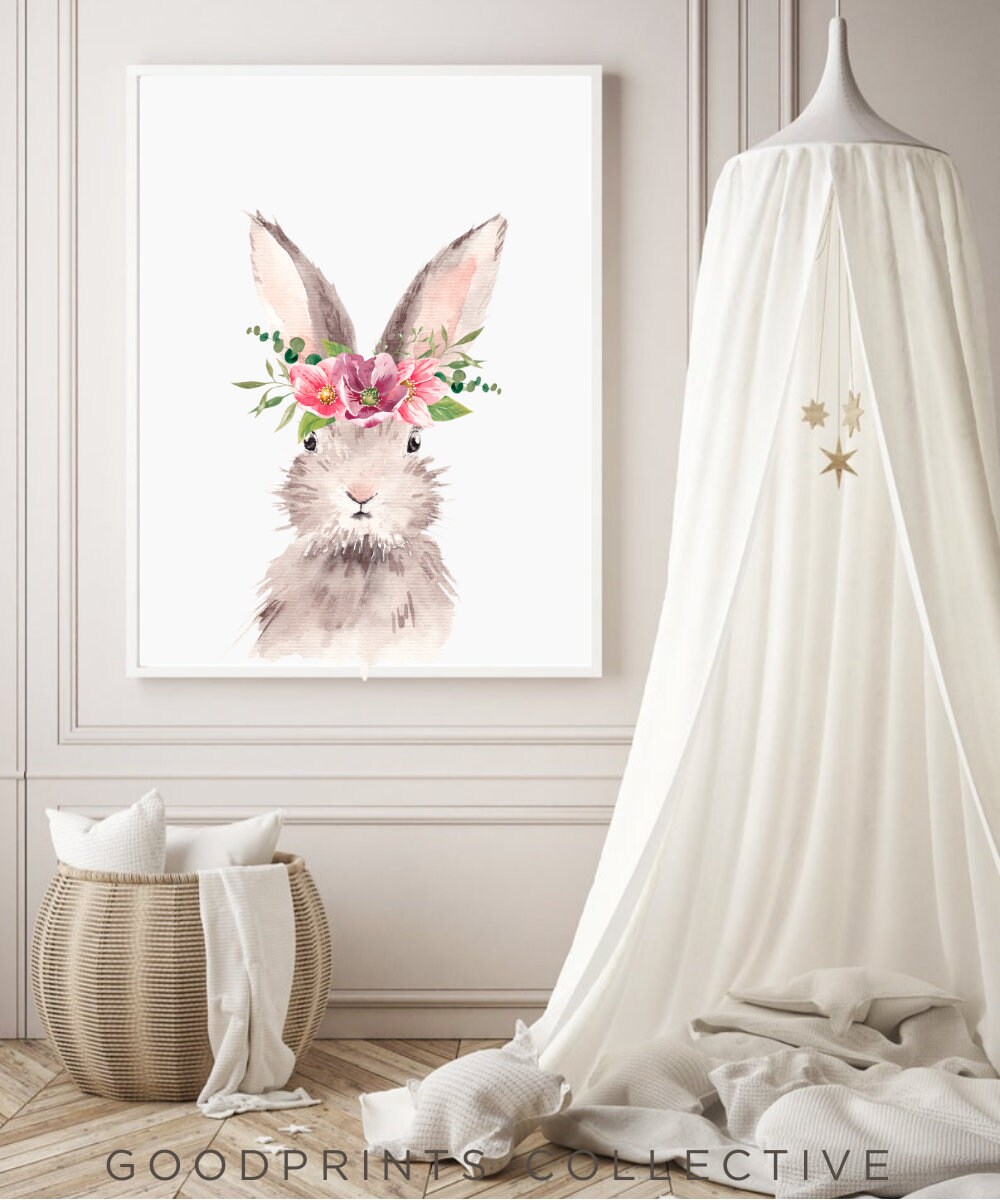 Nursery Bunny Prints Easter Bunny Wall Art Bunny With Flower Etsy