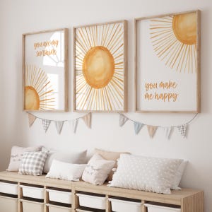 Arte de pared para guardería con diseño de sol, impresiones para guardería con diseño bohemio en amarillo, decoración de pared para habitación de bebé, pósteres para guardería de niño y niña, "Eres mi sol, me haces feliz"