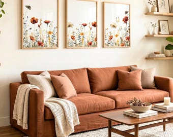 Flower Wall Art, Floral Wall Decor, Over the Couch, Vintage Wildflower Print Set of 3