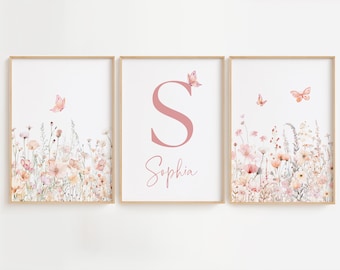 Wildflower Nursery Decor Butterfly Wall Art, Girl Room Botanical Print, Farmhouse Nursery Wall Decor, Pink and Blush Baby Room Ideas