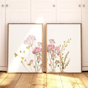 Arte de pared con flores, decoración de pared con flores, estampado de flores silvestres rosas, arte de pared floral, conjunto de estampados de flores, decoración de pared para dormitorio, decoración del hogar, flores, sala de estar