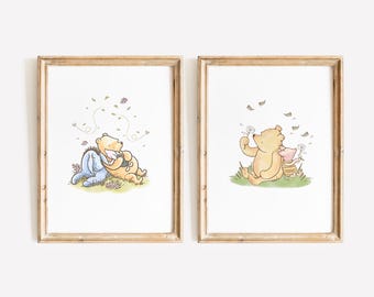 Winnie the Pooh Vintage Wall Art, Bear Nursery Wall Decor, Above the Crib Girl Print Set