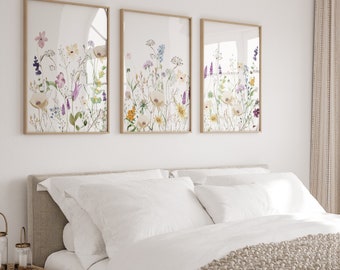 3er Set Aquarell botanische Drucke, Wildblumen Drucke, Blumenkindergarten-Wandkunst, Boho-Kinderzimmer-Wandkunst, bunte Blumen-Wandkunst, über dem Bett
