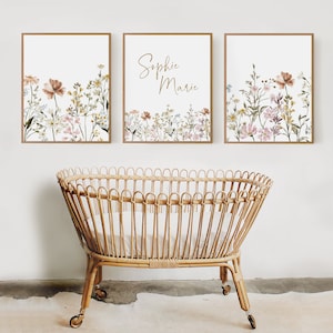 Boho Nursery Wall Art, Wildflower Nursery Decor, Botanical Print, Floral Nursery, Girl Nursery Flower Baby Name Sign, Newborn Gift, Set of 3
