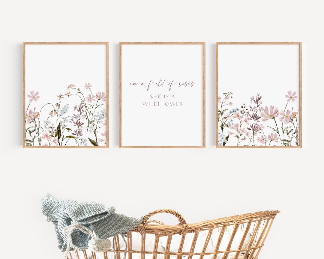 Girl Nursery Wall Art Wildflower Nursery Wall Decor Boho Baby Room Decor Field of Roses She is a ...