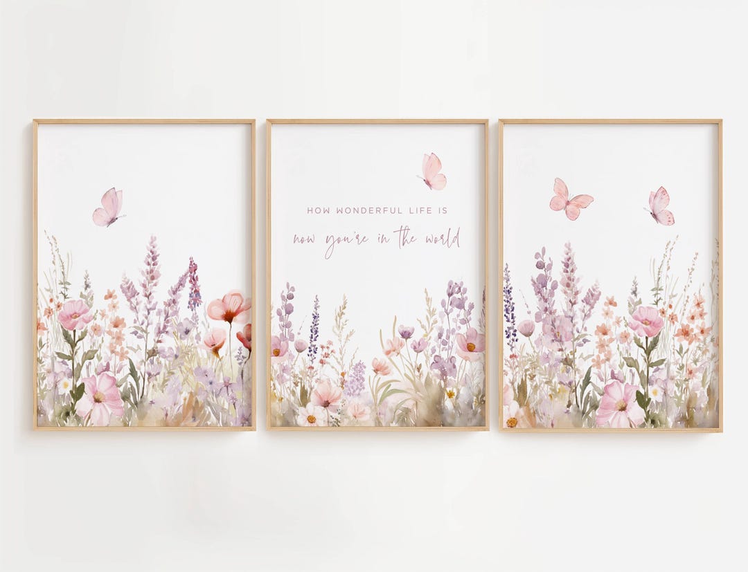 Nursery Butterfly Girl Room Prints Set of 3 Watercolor Flower Wall Art ...