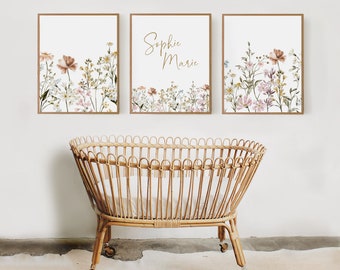 Custom Wildflowers Prints | Floral Nursery Wall Art | Boho Baby Girl Nursery Wall Art | Watercolor flowers | Personalized Name Sign Initial