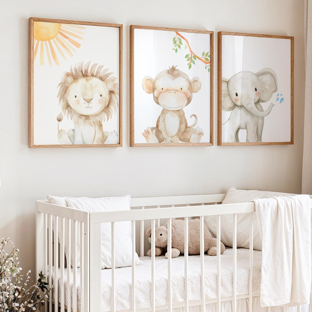 Jungle Animal Nursery Wall Art: Monkey, Elephant and Lion Print Set ...