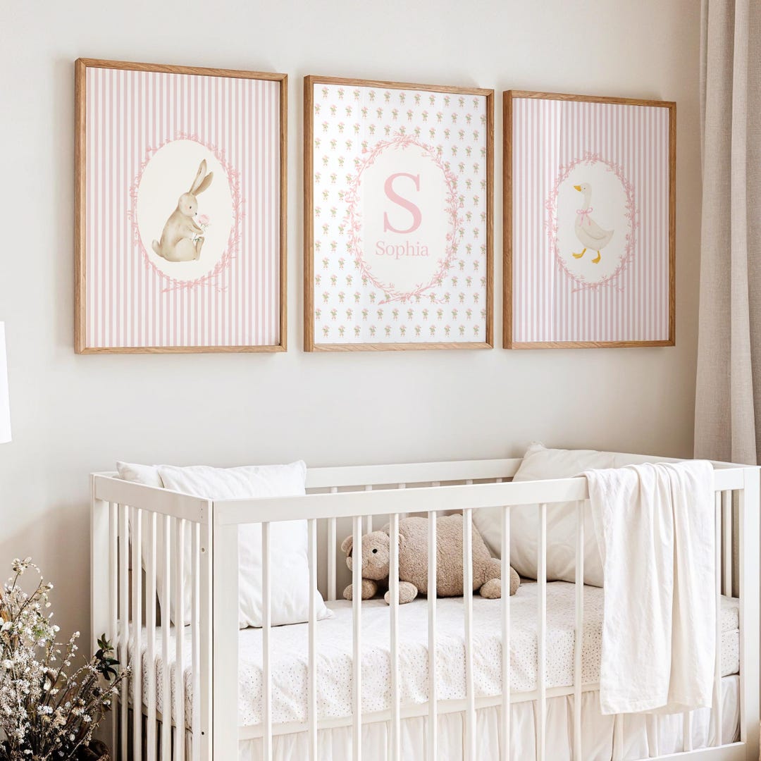 Nursery Cottagecore Prints With Rabbit and Goose: Baby Girl Room Pink ...