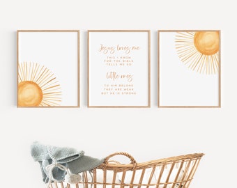 Decor van de kwekerij Christelijke kinderkamer kunst aan de muur Christelijke kinderkamer kunst Jesus Loves Me Baby kamer decor genderneutraal kwekerij print kraamcadeau