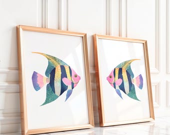 Fish Wall Art Set of 2, Modern Coastal Wall Decor, Watercolor Artwork, Marine Animals, Beach House Art