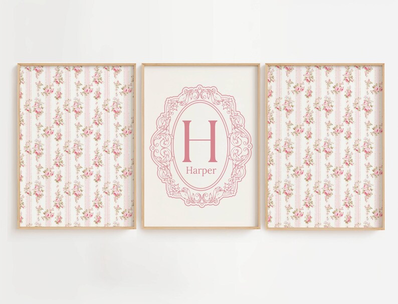 Nursery Wall Art Girl Pink Vintage Set of 3 Prints Flower Wall Decor ...