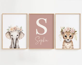 Safari Floral Animals Nursery Prints Nursery Decor Girl Baby Pink Nursery Jungle Decor Boho Nursery Toddler Bedroom Playroom Kid Wall Art