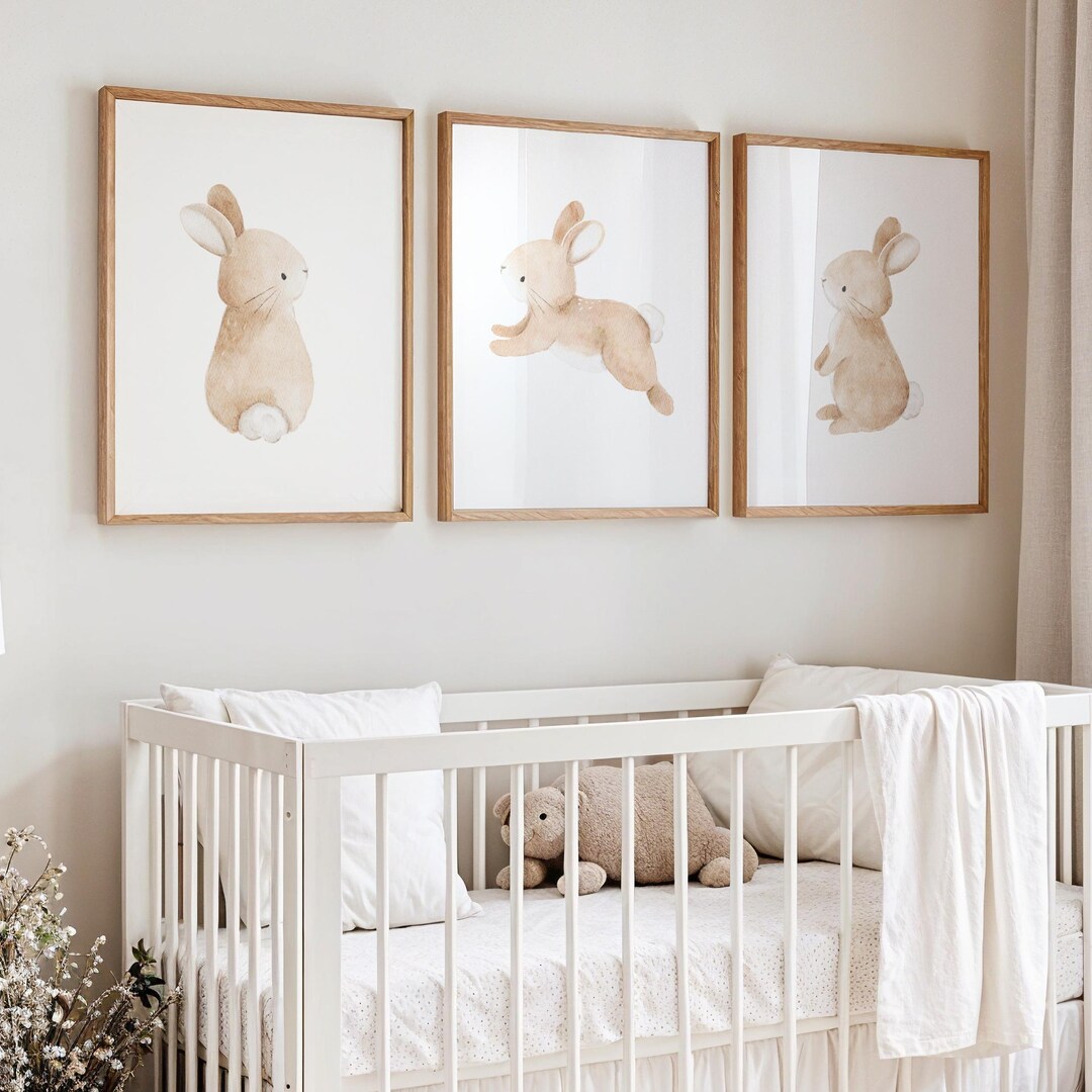 Nursery Bunny Wall Art: Set of 3 Rabbit Prints Baby Room Decor Neutral ...