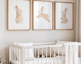 Nursery Bunny Wall Art: Set of 3 Rabbit Prints Baby Room Decor Neutral
