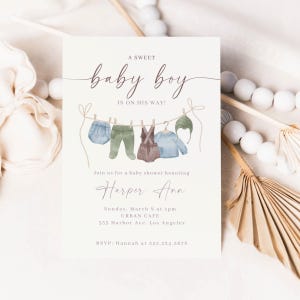 Babypartyeinladung für Jungen-Wäscheleine, süße Babyeinladungsvorlage, Junge-Dusche einladen, bearbeitbare Babyparty-Blau und Grün Neutral