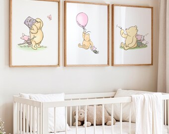 Winnie the Pooh Vintage Wall Art, Bear Nursery Wall Decor, Above the Crib Girl Print Set