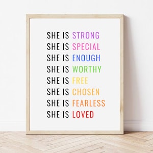 She Is Strong Print, Girl Room Decor, Girl Power Print, Rainbow Girls Room Decor, Girl Room Wall Art, She Is Loved image 1