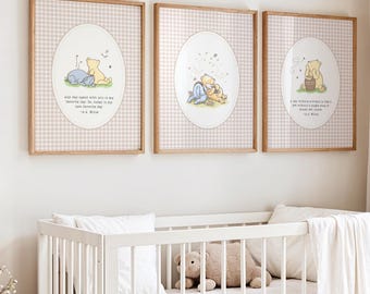 Winnie the Pooh Vintage Wall Art, Bear Nursery Wall Decor, Gingham Baby Room Prints