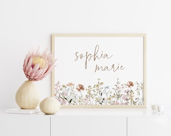 Letrero con nombre para habitación de bebé, arte de pared con estampado de flores silvestres, decoración de guardería bohemia, arte de pared con flores, regalo para baby shower, decoración de pared para habitación de niña