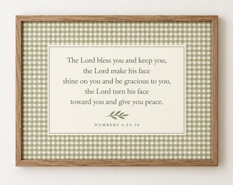Numbers 6:24-26 Wall Art, The Lord Bless You and Keep You, Christian Wall Art, Sage Gingham Bible Verse Print