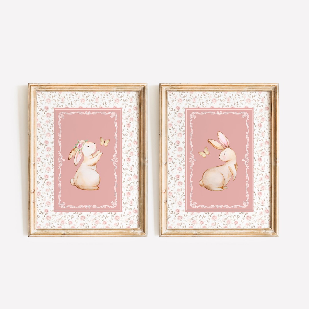 Nursery Print Bunny Set of 2, Vintage Baby Room Rabbit Prints ...