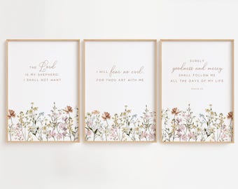Bible Verse Wall Art, Botanical Wall Art, Scripture Wall Art, Christian Nursery Wall Art, Wildflower Wall Decor, Gift for Women, Psalm 23