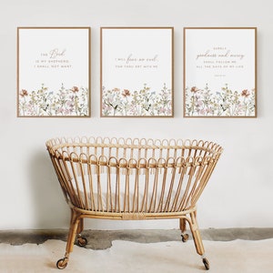 May include: Three framed prints with floral designs and bible verses. The verses are "The Lord is my shepherd; I shall not want", "I will fear no evil; for thou art with me", and "Surely goodness and mercy shall follow me all the days of my life".