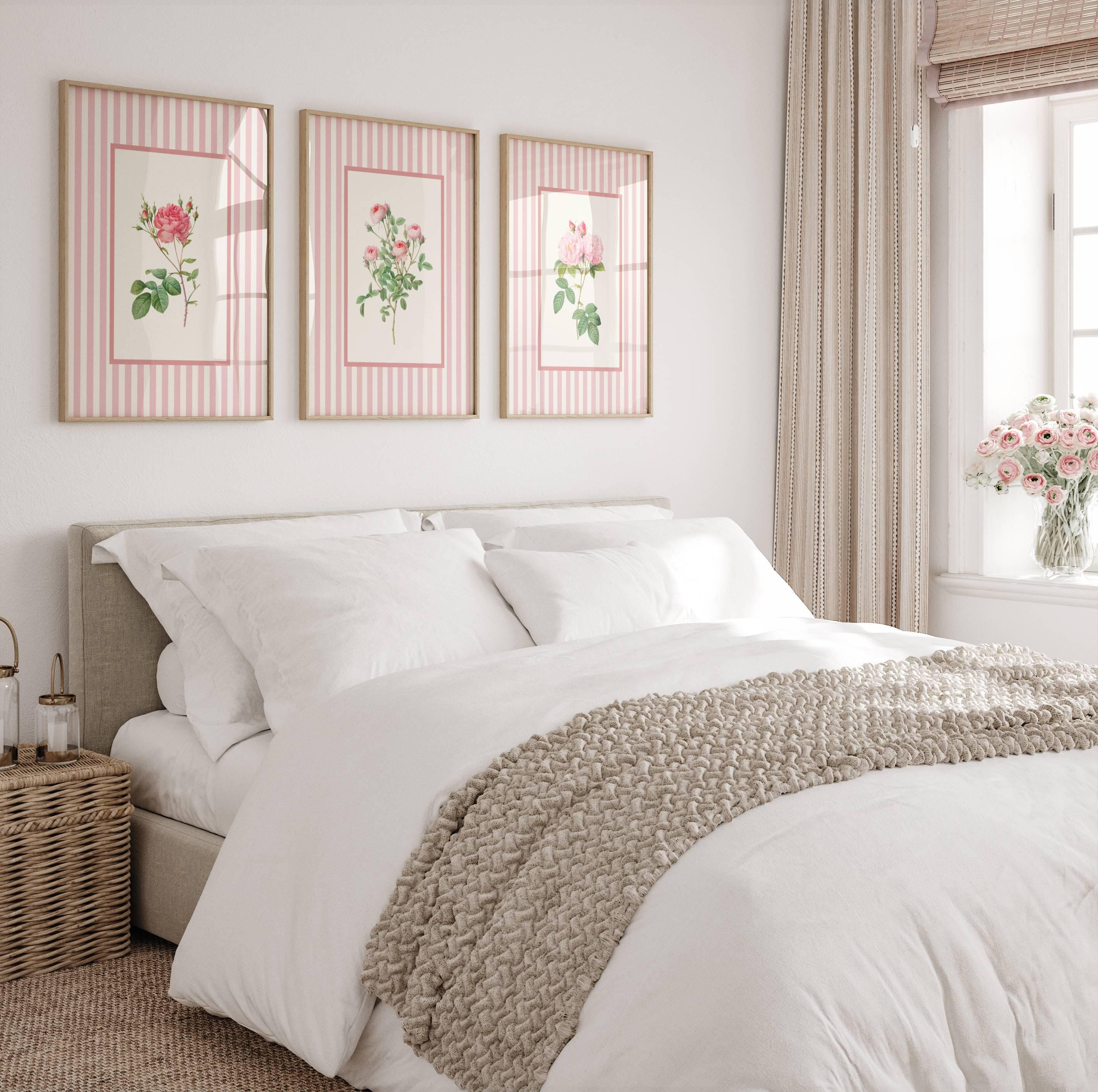Wall Art Flower Vintage Set of 3 Prints Pink Cottagecore Bedroom Wall ...