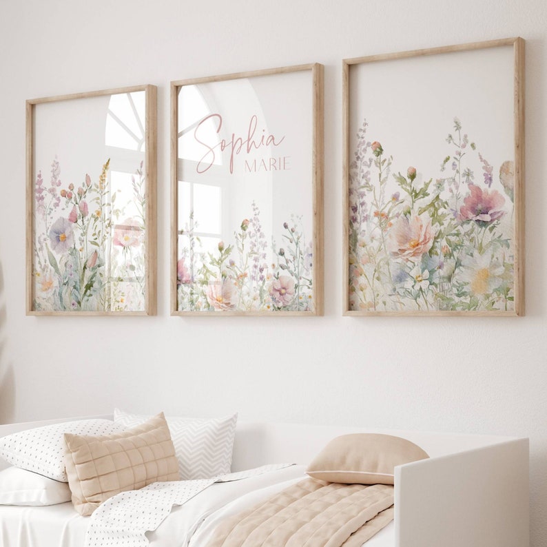 Boho Nursery Wall Art Wildflower Nursery Decor Botanical Print Floral Nursery Girl Nursery Flower Nursery Name Sign Flower Pastel Nursery